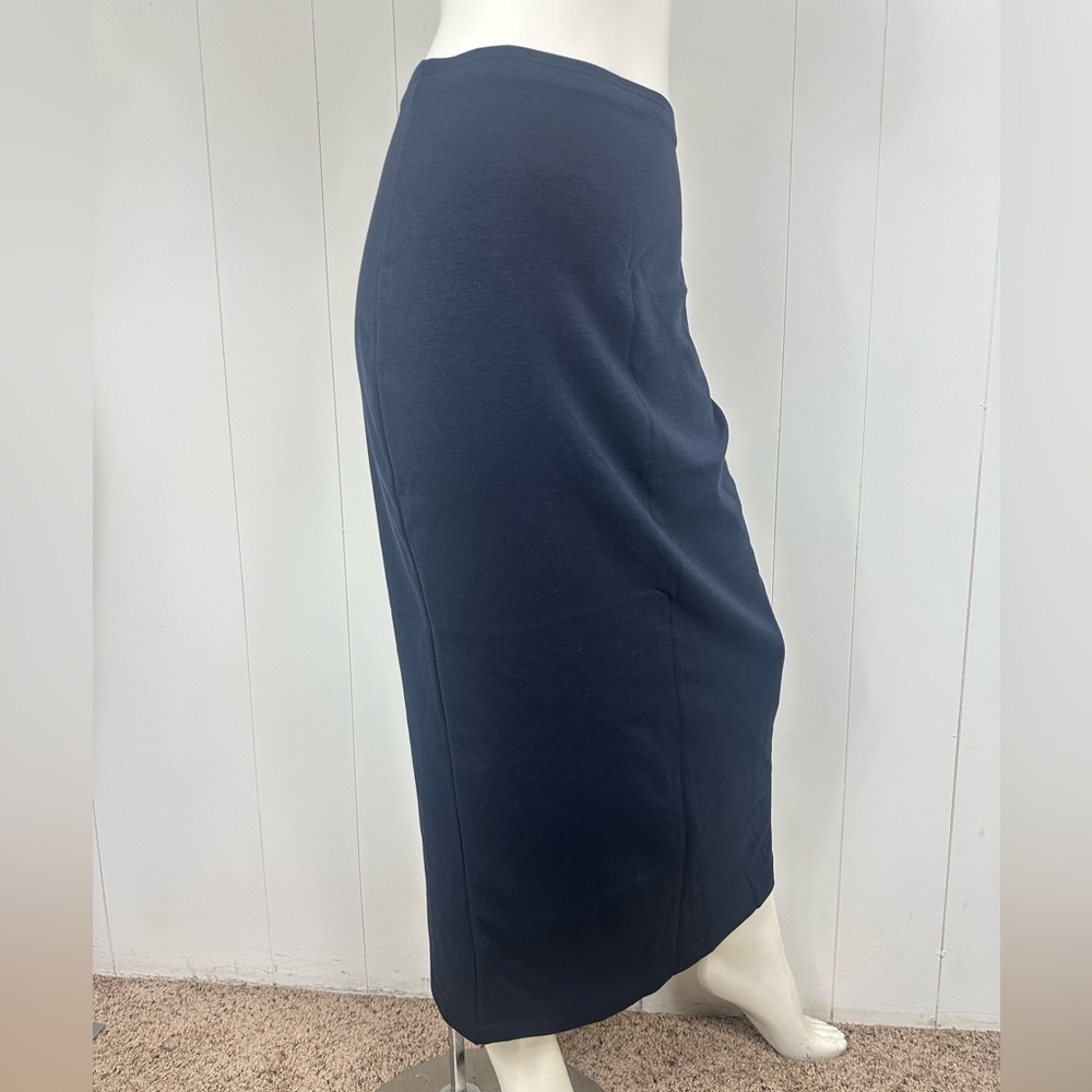VTG Carolina Colours Sz S Navy Blue Knit Maxi Skirt Leg Slit Elastic Waist - Picture 3 of 8